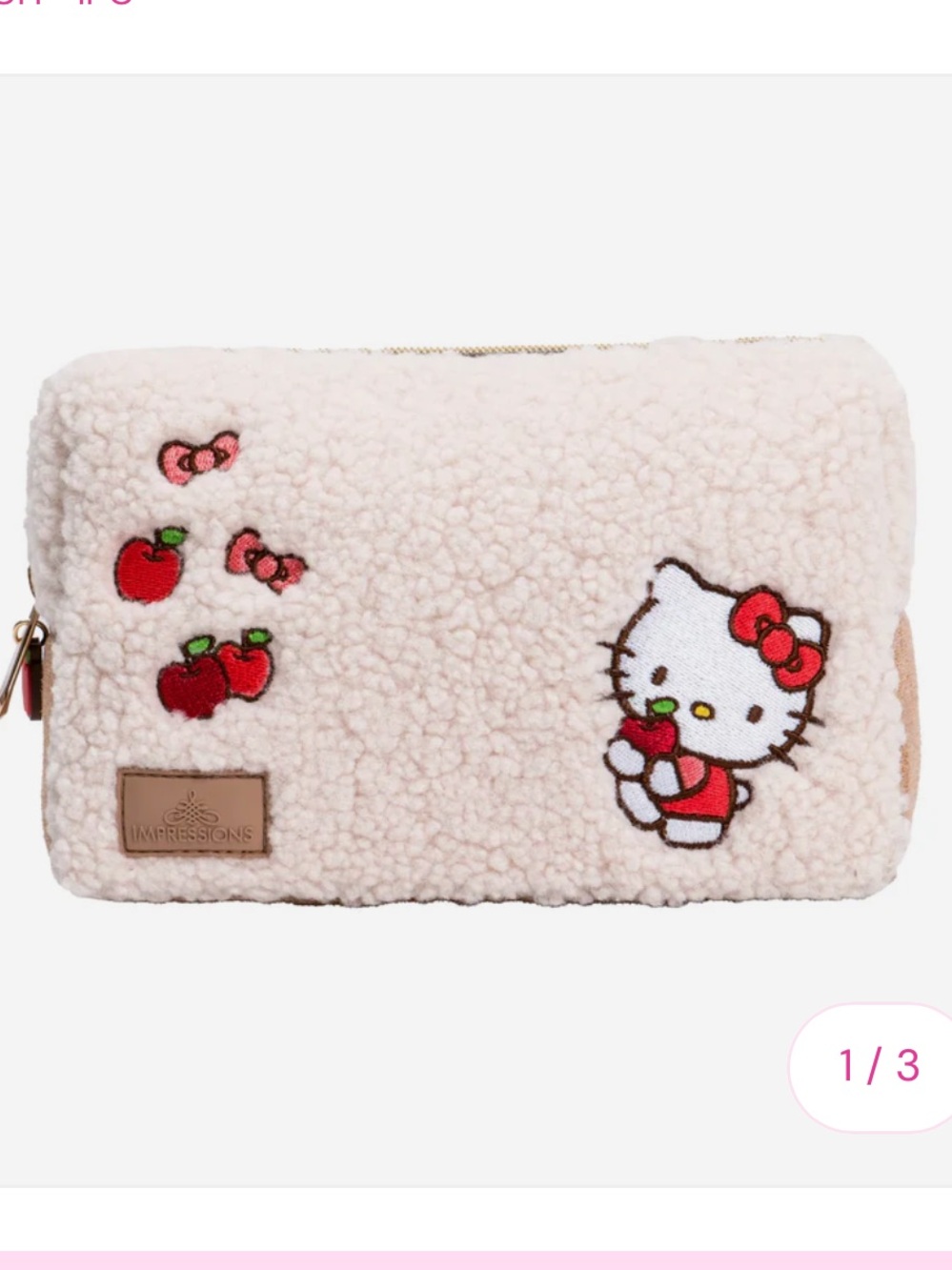 Hello Kitty Cream Sherpa Zip Pouch with Gold Embroidery